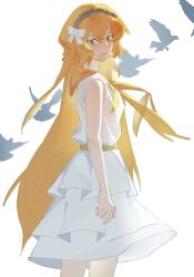  1girl bare_arms belt bird bow bowtie brown_hairband cowboy_shot dove dress freckles frills from_side green_eyes hair_bow hairband highres ishmael_(project_moon) layered_dress limbus_company long_hair looking_at_viewer looking_to_the_side orange_hair parted_lips project_moon ribbon rope sidelocks simple_background sleeveless sleeveless_dress solo standing very_long_hair white_background white_bow white_dress yellow_belt yellow_bow yellow_bowtie zhuguanhuanshi 