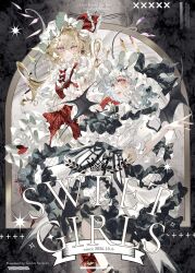 2girls alternate_costume ascot bat_wings black_ascot black_bow black_shoes blonde_hair blue_hair blush bow brooch closed_mouth collared_shirt commentary_request cover cover_page crystal crystal_wings doujin_cover dress fang fang_out flandre_scarlet frilled_shirt_collar frilled_skirt frills full_body hair_between_eyes hat hat_bow hat_ribbon high_heels highres jewelry looking_at_viewer majamari mob_cap multicolored_wings multiple_girls one_side_up open_mouth pinafore_dress pink_eyes red_dress red_eyes red_shoes remilia_scarlet ribbon shirt shoes siblings sisters skirt skirt_set sleeveless sleeveless_dress smile touhou white_hat white_shirt white_skirt wings 