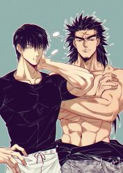  2boys black_hair closed_mouth collarbone commentary_request compression_shirt cross_scar crossed_arms facial_hair fushiguro_toji goatee_stubble green_eyes hand_on_own_hip hand_on_own_neck highres jujutsu_kaisen long_hair looking_at_viewer male_focus multiple_boys muscular muscular_male navel pectorals sashiyu scar scar_on_face scar_on_forehead short_hair stubble zen'in_jinichi 