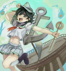  1girl :d absurdres anchor anchor_symbol apepe_(kpnrvt9l70gspiv) black_boots black_hair boots collared_shirt commentary_request green_eyes hat highres hishaku hitodama holding holding_ladle ladle leg_up looking_at_viewer midriff murasa_minamitsu neckerchief open_mouth red_neckerchief sailor_hat ship shirt short_hair short_sleeves skirt smile socks solo touhou watercraft white_hat white_shirt white_skirt white_socks 