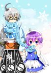  1girl acchi_kocchi ahoge apron belt blue_eyes blush_stickers cape child frills glasses hat highres kyuuri_ryou letty_whiterock long_sleeves morichika_rinnosuke parody pouch purple_hair scarf short_hair silver_hair smile snow style_parody touhou yellow_eyes yin_yang 