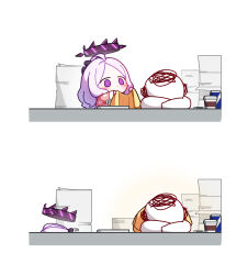  black_halo black_horns blue_archive can cardigan cardigan_on_shoulders chibi coffee commentary_request covering_another covering_with_blanket cup demon_girl demon_horns desk disposable_cup doodle_sensei_(blue_archive) halo highres hina_(blue_archive) hina_(pajamas)_(blue_archive) horns jacket multiple_horns office official_alternate_costume pajamas paper paper_stack papers pink_pajamas polka_dot polka_dot_pajamas purple_halo red_bull sensei_(blue_archive) sleeping uz_(uzru0428) violet_eyes white_hair yellow_cardigan yellow_jacket 