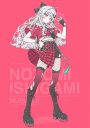  >:) 1girl absurdres ahoge bandaged_hand bandages belt bike_shorts bike_shorts_under_skirt black_belt black_bike_shorts black_boots black_bow black_choker black_gloves black_necktie blue_streaks boots bow bra_strap breasts character_name choker closed_mouth clothes_writing clothing_cutout commentary_request copyright_name cropped_shirt ear_piercing fingerless_gloves fishnet_pantyhose fishnets from_behind glove_cutout gloves grey_eyes grey_hair grommet_belt hair_bow hair_ornament hairclip half-skirt half_updo hand_on_own_hip hand_up heterochromia highres ishigami_nozomi ishigami_nozomi_(1st_costume) knee_boots lace-up_boots laddered_thighhighs long_hair looking_at_viewer multicolored_hair multiple_belts multiple_hairclips multiple_piercings multiple_wristbands muto_(n0sug4r) nail_polish necktie nijisanji off-shoulder_shirt off_shoulder pantyhose parallel_hairclips parallel_piercings piercing plaid_clothes plaid_skirt platform_boots platform_heels pleated_skirt polka_dot polka_dot_bow punk red_background red_eyes red_nails red_shirt red_skirt red_streaks red_thighhighs shirt side_slit simple_background single_glove skirt small_breasts solo spike_piercing spiked_choker spikes streaked_hair studded_wristband thigh-highs thigh_strap thighhighs_over_pantyhose torn_clothes torn_thighhighs v-shaped_eyebrows virtual_youtuber wallet_chain wavy_hair 