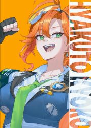  1girl absurdres alex0817 antenna_hair arm_up badge black_gloves blue_vest breasts button_badge character_name collared_shirt colored_tips commentary commentary_request cropped_vest earrings fingerless_gloves gloves goggles goggles_on_head gradient_hair green_eyes green_necktie hair_between_eyes highres hololive hyakuto_kyoko jewelry lightning_bolt_earrings lightning_bolt_symbol long_hair medium_breasts mole mole_on_chest multicolored_hair necktie no_mole open_mouth orange_background orange_hair pink_hair police police_badge police_uniform policewoman ponytail shirt short_sleeves simple_background solo teeth upper_body upper_teeth_only vest virtual_youtuber white_shirt 