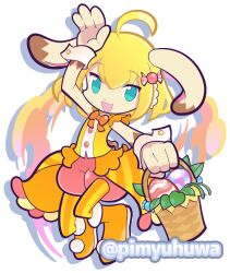  1girl ahoge animal_ears arm_up basket blonde_hair blue_eyes boots bow bowtie candy_hair_ornament commentary_request easter easter_egg egg fewer_digits food-themed_hair_ornament full_body furry furry_female ginnia_(puyopuyo) hair_ornament holding holding_basket looking_at_viewer official_style open_mouth orange_boots orange_bow orange_bowtie orange_skirt orange_thighhighs orange_vest outstretched_arm overskirt pimyuhuwa puyopuyo puyopuyo_quest rabbit_ears rabbit_girl red_shorts short_hair shorts simple_background skirt smile solo striped_clothes striped_skirt striped_thighhighs thigh-highs twitter_username vertical-striped_clothes vertical-striped_thighhighs vest white_background wrist_cuffs 