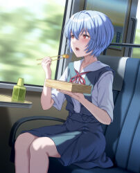  1girl absurdres ayanami_rei bento blue_hair blue_skirt chopsticks commentary_request eating feet_out_of_frame food highres holding holding_bento holding_chopsticks holding_food lower_teeth_only neck_ribbon neon_genesis_evangelion omelet open_mouth red_eyes red_ribbon ribbon school_uniform shirt short_hair short_sleeves sitting skirt solo suspender_skirt suspenders tamagoyaki teeth tokyo-3_middle_school_uniform train_interior white_shirt window yahha 