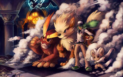  1boy arcanine brown_pants chandelure cinccino clenched_hand column darmanitan green_eyes green_hair hair_over_one_eye hat haychel holding holding_poke_ball indoors lightning long_hair male_focus n_(pokemon) pants pillar poke_ball pokemon pokemon_(creature) rebar shoes smoke sneakers tile_floor tiles web_address 