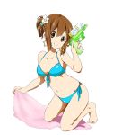  aqua_bikini barefoot bikini breasts brown_eyes brown_hair cleavage earrings front-tie_top grin hair_ornament hirasawa_yui jewelry k-on! kneeling looking_at_viewer navel ragho_no_erika short_hair side-tie_bikini side_ponytail simple_background smile solo swimsuit toe_ring towel water_gun wet white_background 