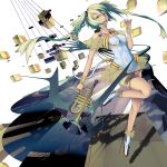  coppelia_(futamine) floating_hair green_eyes green_hair hatsune_miku highres instrument long_hair looking_at_viewer megaphone open_mouth solo trumpet twintails vocaloid 