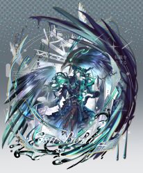  1girl bird cane commentary_request commission crow dress floating_hair flower green_hair hand_up hat hat_flower highres holding holding_cane long_dress long_hair long_sleeves path_to_nowhere raven_(path_to_nowhere) solo standing standing_on_one_leg tsubomi_qq very_long_hair 