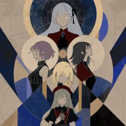  5girls amoris_(bang_dream!) ascot ave_mujica_(bang_dream!) bang_dream! bang_dream!_it's_mygo!!!!! beret black_ascot black_capelet black_hair black_ribbon blonde_hair blue_gem blue_hair breasts brooch capelet chinese_commentary commentary_request doloris_(bang_dream!) gem green_hair hair_ribbon hat highres italian_commentary jewelry long_hair medium_breasts misumi_uika mixed-language_commentary mortis_(bang_dream!) mortis_(costume)_(bang_dream!) multiple_girls oblivionis_(bang_dream!) parted_lips purple_hair red_capelet red_hat red_shirt ribbon shirt short_hair sidelocks timoris_(bang_dream!) togawa_sakiko wakaba_mutsumi white_ascot yahata_umiri yuutenji_nyamu zhangji318969 