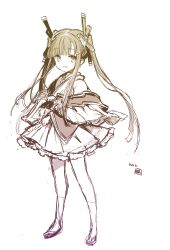  absurdres alicesoft artist_logo clenched_hand commentary_request contrapposto frilled_skirt frills hair_ornament highres japanese_clothes kimono kneehighs logo long_hair looking_at_viewer oda_kou official_art orion_(orionproject) petite rance_(series) sandals sengoku_rance sketch skirt smile socks standing tabi twintails watermark zouri 