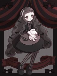  1girl black_bow black_eyes black_hair black_hairband black_shoes blunt_bangs bow commentary_request gothic_lolita hairband hardgore_alice highres holding holding_stuffed_toy lolita_fashion long_hair magical_girl mahou_shoujo_ikusei_keikaku mahou_shoujo_ikusei_keikaku_unmarked qoo_1025 shoes socks striped_clothes striped_socks stuffed_toy vertical-striped_clothes vertical-striped_socks 