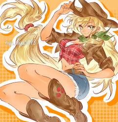  1girl absurdres apple_print applejack artist_name bandana bandana_around_neck belt blonde_hair boots cowboy_boots crop_top denim denim_shorts food_print fruit_print green_bandana green_eyes halftone halftone_background hand_on_headwear hand_on_own_hip highres jacket long_hair looking_at_viewer midriff my_little_pony my_little_pony:_friendship_is_magic navel nya_nya5073 open_clothes open_jacket personification plaid_clothes plaid_shirt red_shirt shirt shorts smile solo very_long_hair 