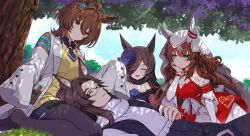  1other 3girls agnes_tachyon_(tach-nology)_(umamusume) agnes_tachyon_(umamusume) ahoge animal_ears bare_shoulders black_necktie black_pants black_pantyhose black_vest blue_flower blue_hat blue_rose blue_sky breasts brown_hair closed_eyes closed_mouth coat cork detached_sleeves dress ear_covers ear_ribbon earrings flipped_hair flower glasses green_eyes hair_between_eyes hair_ornament hair_over_one_eye hat hat_flower highres horse_ears horse_girl horse_tail jewelry lab_coat lap_pillow long_hair long_sleeves medium_breasts multicolored_hair multiple_girls necktie off-shoulder_dress off_shoulder open_mouth outdoors pants pantyhose red_dress red_eyes ribbon rice_shower_(rosy_dreams)_(umamusume) rice_shower_(umamusume) rose scarf sheita shirt short_necktie single_earring sitting sky sleeves_past_fingers sleeves_past_wrists small_breasts smile still_in_love_(scarlet_vow_raiment)_(umamusume) still_in_love_(umamusume) streaked_hair sweater sweater_vest tail test_tube tilted_headwear tree umamusume veil vest wariza white_coat white_scarf white_shirt white_streaks white_veil wolf_cut yellow_sweater yellow_sweater_vest 