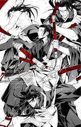  1boy commentary_request earrings geto_suguru greyscale highres holding holding_nunchaku holding_weapon japanese_clothes jewelry jujutsu_kaisen long_hair male_focus monochrome muscular muscular_male nipples nunchaku pectorals sashiyu short_hair simple_background weapon white_background 