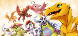  agumon blue_eyes bug claws colored_skin commentary digimon digimon_(creature) digimon_adventure digimon_crest digimon_day dinosaur english_commentary gabumon gomamon green_eyes group_picture horns lizard open_mouth orange_scales orange_skin palmon patamon piyomon red_eyes seyumei sharp_teeth short_hair simple_background single_horn smile tailmon teeth tentomon wings 
