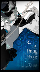  1girl absurdres ascot black_border black_hat blue_background border conductor conductor_baton copyright_name english_text grey_hair grey_vest hair_bun hat highres holding_baton logo official_alternate_costume official_art reverse:1999 shirt short_hair single_side_bun solo treble_clef upper_body vertin_(reverse:1999) vest white_ascot white_shirt 