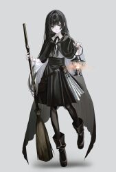  1girl absurdres amn_ic01 belt belt_pouch black_boots black_capelet black_hair black_pantyhose black_ribbon blue_eyes boots broom capelet full_body grey_background highres holding holding_broom holding_lantern key_ring lantern long_hair looking_at_viewer neck_ribbon original pantyhose pouch ribbon shirt simple_background solo standing white_shirt 