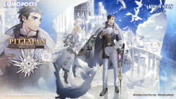  1other 2boys alchemy_stars asymmetrical_gloves belt bird black_belt black_coat black_hair brown_vest cane character_name coat coat_on_shoulders collared_shirt copyright_logo copyright_notice flower_in_pocket formal_clothes full_body gloves hair_slicked_back highres holding holding_cane humanoid_robot loewe_(alchemy_stars) logo long_sleeves looking_to_the_side matthieu_(alchemy_stars) mismatched_gloves multiple_boys multiple_expressions multiple_views official_art pants pittman_(alchemy_stars) pittman_(wings_of_love)_(alchemy_stars) robot scar scar_on_cheek scar_on_face shirt short_hair sideburns standing suit tailcoat thick_eyebrows vest white_bird white_coat white_hair white_pants white_shirt 