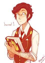  1boy animated animated_gif book brown_hair elentori glasses glowing glowing_eyes gravity_falls journal_(gravity_falls) male_focus mole mole_under_eye object_and_personification personification solo tattoo upper_body vest yellow_eyes 