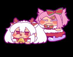  2girls :3 amato_tenshi animal_ears animated animated_gif antlers bell brown_horns chibi chibi_only closed_mouth commentary_request deer_ears fake_animal_ears fake_horns full_body grim_aloe hair_horns horns long_hair looping_animation mahjong_fight_girl multiple_girls pink_hair quiz_magic_academy red_nose short_hair simple_background sled smile swept_bangs tonchamon_san transparent_background twintails white_hair 