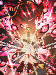  1boy 1girl absurdres artist_name black_eyes black_hair black_skin bound chain chain_around_arm chain_around_leg chained chains_of_others_(e.g.o) coat coat_on_shoulders collared_shirt colored_sclera colored_skin commentary disembodied_eye disembodied_hand distortion_(project_moon) e.g.o_(project_moon) eldritch_abomination evil_smile extra_eyes eye_symbol giara_gear gold_chain hair_slicked_back highres holding holding_chain jeanne_(project_moon) limbus_company long_sleeves looking_at_another looking_down looking_up meursault_(project_moon) neck_ribbon necktie no_eyes open_mouth pants pixiv_username project_moon red_hair red_sclera ribbon shirt short_hair smile sparkle spoilers striped_clothes striped_coat striped_necktie tied_up_(nonsexual) too_many_chains too_many_eyes untranslatable_commentary white_pants white_shirt 