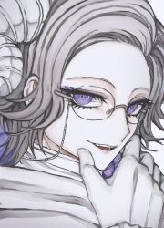  1boy absurdres alternate_costume aotsuki_eito eyelashes eyewear_strap gloves hand_up highres horns looking_at_viewer male_focus parted_lips portrait shi_gu_(sigu_69) short_hair simple_background solo teeth the_hundred_line_-last_defense_academy- upper_teeth_only violet_eyes white_background white_gloves 