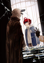  3boys absurdres ahoge aotsuki_eito black_cape black_gloves black_hair black_jacket black_pants blue_eyes blue_jacket cage cape chinese_commentary commentary_request coryco crack drawstring dual_persona glitch gloves grey_hair grey_jacket hair_between_eyes highres hood hood_down hoodie jacket jacket_over_hoodie last_defense_academy_school_uniform long_sleeves male_focus multicolored_hair multicolored_jacket multiple_boys open_clothes open_jacket pants red_hair school_uniform short_hair sleeves_past_wrists spoilers streaked_hair sumino_takumi the_hundred_line_-last_defense_academy- two-tone_hair two-tone_jacket white_hoodie 