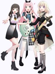  3girls absurdres bang_dream! bang_dream!_it's_mygo!!!!! black_dress black_ribbon black_shoes black_skirt blonde_hair breasts brown_eyes brown_hair chihaya_anon commentary_request doloris_(bang_dream!) dress earrings electric_guitar fang grey_eyes grey_socks guitar guitar_strap hair_ribbon highres holding holding_guitar holding_instrument instrument jewelry long_hair medium_breasts midori_(bangdreamgh) misumi_uika multiple_girls open_mouth pink_hair ribbon schecter_guitar shirt shoes simple_background skirt socks sumimi_(bang_dream!) sumita_mana teeth upper_teeth_only violet_eyes white_background white_shirt 