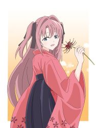  1girl black_hakama black_ribbon blue_eyes border commentary_request flower gradient_background hair_intakes hair_ribbon hakama highres holding holding_flower japanese_clothes kamiina_botan kamiina_botan_yoeru_sugata_wa_yuri_no_hana kimono liaocijheng long_hair open_mouth pink_hair pink_kimono ribbon solo spider_lily two_side_up white_border yellow_background 