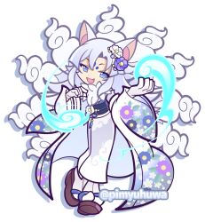 1girl alternate_costume alternate_hair_color animal_ears black_sash blue_eyeliner blue_flower cloud_print commentary_request eyeliner facial_mark fang floral_print floral_print_kimono flower forehead_mark fox_ears fox_girl fox_tail full_body fur_collar gloves hair_flower hair_ornament hitodama japanese_clothes kimono kitsune kyuubi long_hair makeup multiple_tails obi obiage obijime official_style open_mouth osaki_(puyopuyo) pimyuhuwa print_kimono puyopuyo puyopuyo_quest sandals sash simple_background smile socks solo tabi tail tassel twitter_username white_background white_flower white_gloves white_hair white_kimono white_socks wide_sleeves zouri 