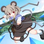  animal_ears black_dress capelet dowsing_rod dress duplicate grey_hair highres jewelry mary_janes mouse_ears mouse_tail navel nazrin necklace nikku_(ra) open_mouth red_eyes revision shoes short_hair solo tail touhou 