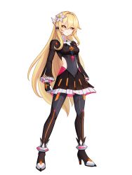  1girl absurdres black_sclera blonde_hair bodysuit boots breasts chest_jewel colored_sclera commission commissioner_upload covered_navel dress eyelashes frilled_skirt frilled_sleeves frills full_body gloves gothic_lolita hair_ornament high_heel_boots high_heels highres light_frown lolita_fashion long_bangs long_hair long_single_sidelock long_sleeves mechanical_ears mega_man_(series) mega_man_zx non-web_source original petite skirt small_breasts thighs transparent_background uta_guipiy yellow_eyes 