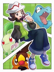  1girl :3 :d absurdres bell-bottoms blue_shoes border brown_eyes brown_hair chikorita fangs green_background green_jacket grey_pants harmony_(pokemon) hat highres jacket long_sleeves open_clothes open_jacket open_mouth pants pig pokemon pokemon_legends:_z-a red_eyes sandora_(karugamo_no_e) shirt shoes sitting smile socks starter_pokemon_trio tepig totodile white_border white_hat white_shirt white_socks 