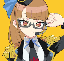 1girl black_hat black_jacket black_necktie blue_ribbon brown_eyes brown_hair closed_mouth collared_shirt commentary_request epaulettes glasses grey-framed_eyewear hat hat_ribbon headset jacket long_hair microphone minami_mirei minami_mirei_(normal) moudoku_(decopon3rd) necktie ponytail portrait pretty_series pripara ribbon semi-rimless_eyewear shirt simple_background solo under-rim_eyewear white_shirt yellow_background 
