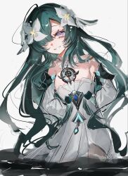  aqua_hair arms_behind_back choker collar detached_collar detached_sleeves dress fins flower frilled_collar frills genshin_impact grey_choker hair_flower hair_ornament hair_over_one_eye head_fins highres long_hair looking_at_viewer merfolk mermaid messy_hair monster_girl pearl_hair_ornament pof_h0 silver_trim smile very_long_hair violet_eyes vodyanitsa_(genshin_impact) water white_background white_collar white_dress white_flower white_sleeves 