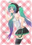  ahoge bespectacled character_name checkered checkered_background glasses gradient_hair green_eyes green_hair hand_on_hip hatsune_miku headphones hips kowiru long_hair multicolored_hair nail_polish necktie open_mouth pointing skirt solo tattoo thigh-highs thighhighs twintails very_long_hair vocaloid vocaloid_(lat-type_ver) 
