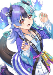  1girl :d achichi_mela aqua_hair black_horns blue_camisole blue_hair braid braided_sidelocks breasts camisole commentary_request criss-cross_halter dragon_horns fangs fire_hair_ornament gradient_horns hair_ornament halterneck hands_up hololive horns lizard_tail long_hair miniskirt miri_(ago550421) multi-strapped_camisole multicolored_hair multicolored_horns open_mouth pink_eyes pleated_skirt pointy_ears revision salamander_girl sharp_teeth shoes sidelocks simple_background skirt small_breasts smile sneakers solo split-color_hair tail tassel tassel_hair_ornament teeth two_side_up virtual_youtuber white_background white_skirt 