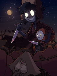  2girls alternate_costume covering_own_mouth creature discount-supervillain glowing glowing_eyes grin hat hiding highres hockey_mask holding holding_knife horror_(theme) knife lapis_lazuli_(steven_universe) mask multiple_girls night peridot_(steven_universe) pumpkin pumpkin_(steven_universe) shirt sky smile star_(sky) starry_sky steven_universe sweat 