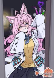 1girl agnes_tachyon_(tach-nology)_(umamusume) agnes_tachyon_(umamusume) agnes_tachyon_(umamusume)_(cosplay) animal_ear_fluff animal_ears antenna_hair blush braid braided_bun breasts chemical_structure coat commentary cosplay cowboy_shot crown_braid door_handle doorway earrings english_commentary english_text grin hair_between_eyes hair_bun hakui_koyori hand_up heart hexagon_hair_ornament highres holding holding_test_tube hololive jewelry lab_coat lantern long_hair long_sleeves looking_at_viewer moral_cacoethes necktie open_door pantyhose pink_hair pink_tail pov pov_doorway shaded_face shirt short_necktie single_earring sleeves_past_fingers sleeves_past_wrists smile sweater sweater_vest tail test_tube thighs umamusume violet_eyes virtual_youtuber white_coat wolf_ears wolf_girl wolf_tail yellow_sweater yellow_sweater_vest 