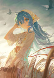  1girl absurdres ahoge animal arahashi_tabi artist_name bandana bird black_bird bloom blue_eyes commentary compass double-parted_bangs dress english_commentary evening feet_out_of_frame floating_hair frilled_dress frilled_sleeves frills hair_between_eyes highres holding holding_suitcase jewelry long_hair looking_to_the_side necklace outdoors overcast ozeo0510 parted_lips sideways_glance sky solo standing stellive suitcase three-quarter_sleeves virtual_youtuber watermark wheat white_bandana white_dress 