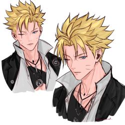  1boy black_jacket blonde_hair blue_eyes boruto:_two_blue_vortex boruto_(series) chococurrent close-up collarbone commentary english_commentary facial_mark high_collar highres jacket jewelry multiple_necklaces multiple_views naruto_(series) necklace one_eye_closed parted_lips scar scar_across_eye scar_on_face shirt short_hair simple_background spiky_hair uzumaki_boruto whisker_markings white_background white_shirt 