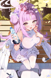  1girl absurdres bare_shoulders bench bird black_scrunchie black_shoes blue_archive blush bottle breasts brown_nails commentary_request dress feathered_wings fingernails flower from_above full_body hair_bun hair_flower hair_ornament halo hands_up highres holding holding_bottle huge_breasts lastation14 legs long_fingernails looking_at_viewer mika_(blue_archive) nail_polish on_bench outdoors pantyhose park_bench pink_hair pink_halo purple_flower scrunchie shoes single_hair_bun single_side_bun solo tree white_dress white_pantyhose white_wings wings wooden_bench yellow_eyes 