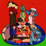  1girl 2boys baseball_cap black_eyes black_hair blue_eyes blue_hair chikorita crystal_(pokemon) cyndaquil egg gold_(pokemon) hat hatching minminnyo multiple_boys open_mouth pichu pokemon pokemon_(creature) pokemon_(game) pokemon_gsc red_background red_hair redhead silver_(pokemon) sitting smile socks totodile train twintails 