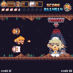  114514_(meme) 4girls animated animated_gif black_coif blonde_hair brown_hair butter_(trickcal) cake cake_slice chibi chibi_only commentary_request crown danmaku erpin_(trickcal) food full_body gradius grey_hair kommy_(trickcal) looping_animation medium_hair meme multiple_girls speaki_(trickcal) speakiposting_(meme) spinning tonchamon_san tree trickcal volcano white_hair 