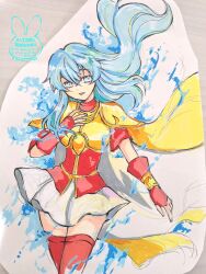  1girl :d absurdres aqua_eyes aqua_hair armor blue_aura bracelet cape chika_1 dress eirika_(fire_emblem) emblem_(fire_emblem_engage) fingerless_gloves fire_emblem fire_emblem:_the_sacred_stones fire_emblem_engage floating_hair gloves hair_between_eyes highres jewelry long_hair looking_at_viewer open_mouth pauldrons red_dress red_gloves red_thighhighs short_sleeves shoulder_armor skirt smile solo thigh-highs traditional_media white_skirt yellow_cape zettai_ryouiki 
