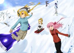  1other 6+girls =_= alternate_hairstyle aoi_sena black_gloves black_pants black_ribbon black_veil blonde_hair blue_hair blue_jacket book brown_gloves chaos;head closed_eyes coat collared_coat comiket_79 commentary_request d-sword floating food fur-trimmed_headwear fur_trim gari_gari-kun gero-froggy gloves goggles goggles_on_head goth_fashion grey_gloves grey_hair grey_pants hair_up hand_on_own_hip hat hill holding holding_book holding_food holding_popsicle holding_ski_pole holding_sword holding_weapon hugging_own_legs implied_tripped jacket kishimoto_ayase kishimoto_ayase_(fes) knees_to_chest kusunoki_yua long_hair looking_at_viewer mittens multiple_girls multiple_hair_ribbons nishijou_nanami one_side_up open_mouth orihara_kozue orihara_kozue's_d-sword outdoors pants phantasm pink_eyes pink_hair popsicle purple_hair reading red_jacket ribbon rolling round_eyewear sakihata_rimi santa_hat scared science_adventure ski_pole skiing smile snowball sword tearing_up tongue twintails veil very_long_hair weapon weapon_riding white_coat winter_clothes winter_coat worried zatsuon_(zatune) zipper_pull_tab 
