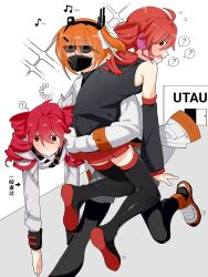  3girls ? a.i._voice adachi_rei black_pantyhose black_shirt black_skirt boots commentary_request detached_sleeves dress drill_hair dual_persona grey_dress highres kasane_teto kasane_teto_(sv) kasane_teto_(utau) mask mouth_mask multiple_girls orange_hair pantyhose red_eyes red_hair shirt shoes side_ponytail skirt sneakers sunglasses synthesizer_v thigh_boots twin_drills utau yi_xing_luren 