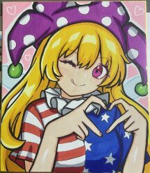  1girl :q ;) ;q absurdres american_flag american_flag_print american_flag_shirt blonde_hair blush breasts closed_mouth clownpiece commentary_request dot_nose fairy_wings flag_print four-finger_heart_hands hair_between_eyes hands_up hat head_tilt heart heart_hands highres jester_cap kukurukurukuru long_hair looking_at_viewer nail_polish neck_ruff one_eye_closed outline photo_(medium) pink_background polka_dot polka_dot_headwear pom_pom_(clothes) print_shirt purple_hat red_nails shikishi shirt short_sleeves simple_background small_breasts smile solo split_mouth star_(symbol) star_print striped_clothes tongue tongue_out touhou traditional_media upper_body violet_eyes white_outline wings 